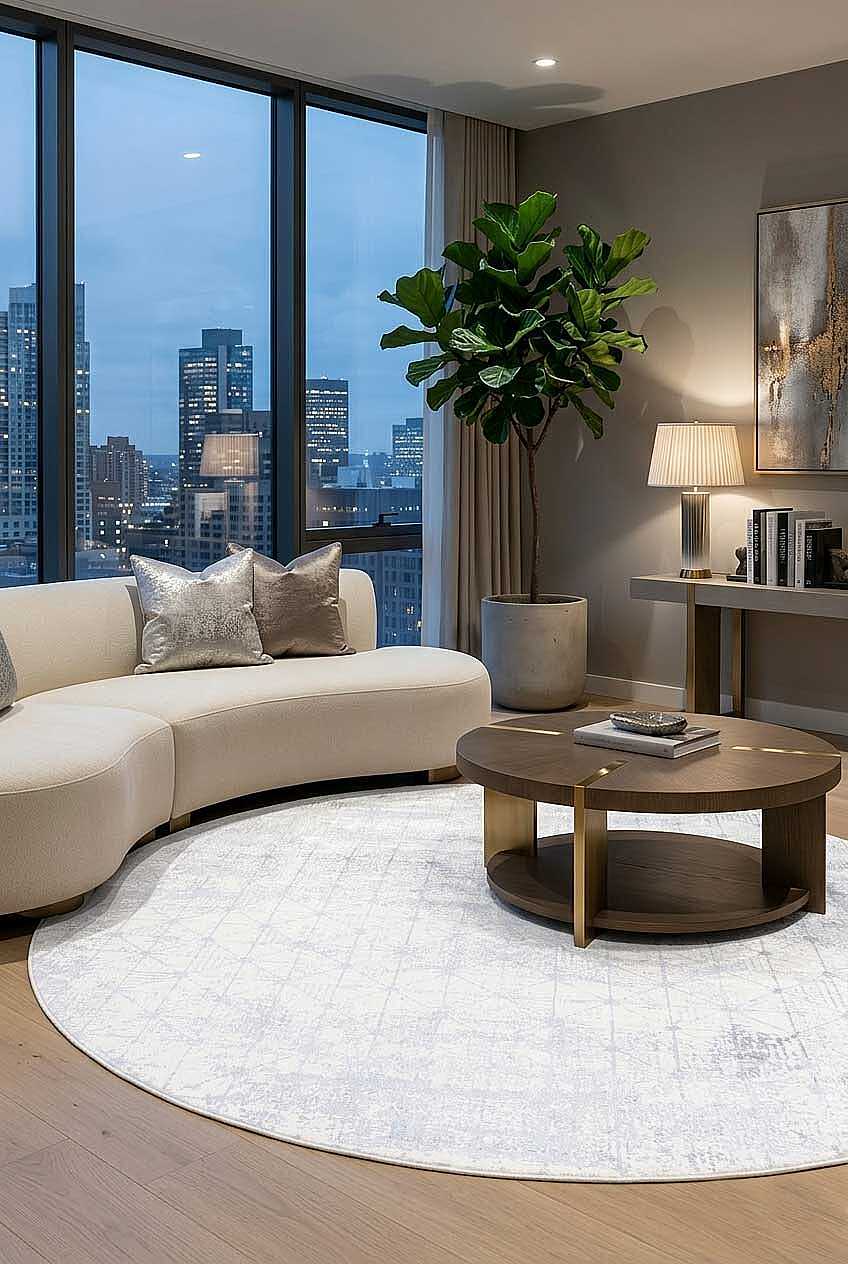 Parlak Saten Dokulu Poem Bambu Tuşe Modern Trend Yuvarlak Halı Pm06 Beyaz