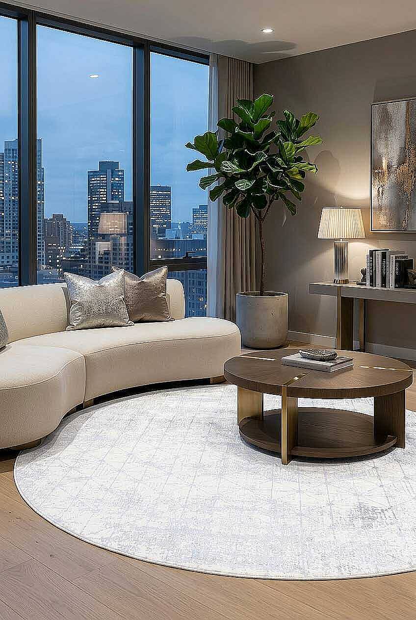 Parlak Saten Dokulu Poem Bambu Tuşe Modern Trend Yuvarlak Halı Pm06 Beyaz - 1