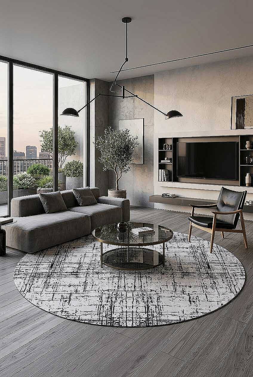 Parlak Saten Dokulu Poem Bambu Tuşe Modern Trend Yuvarlak Halı Pm07 Siyah - 1