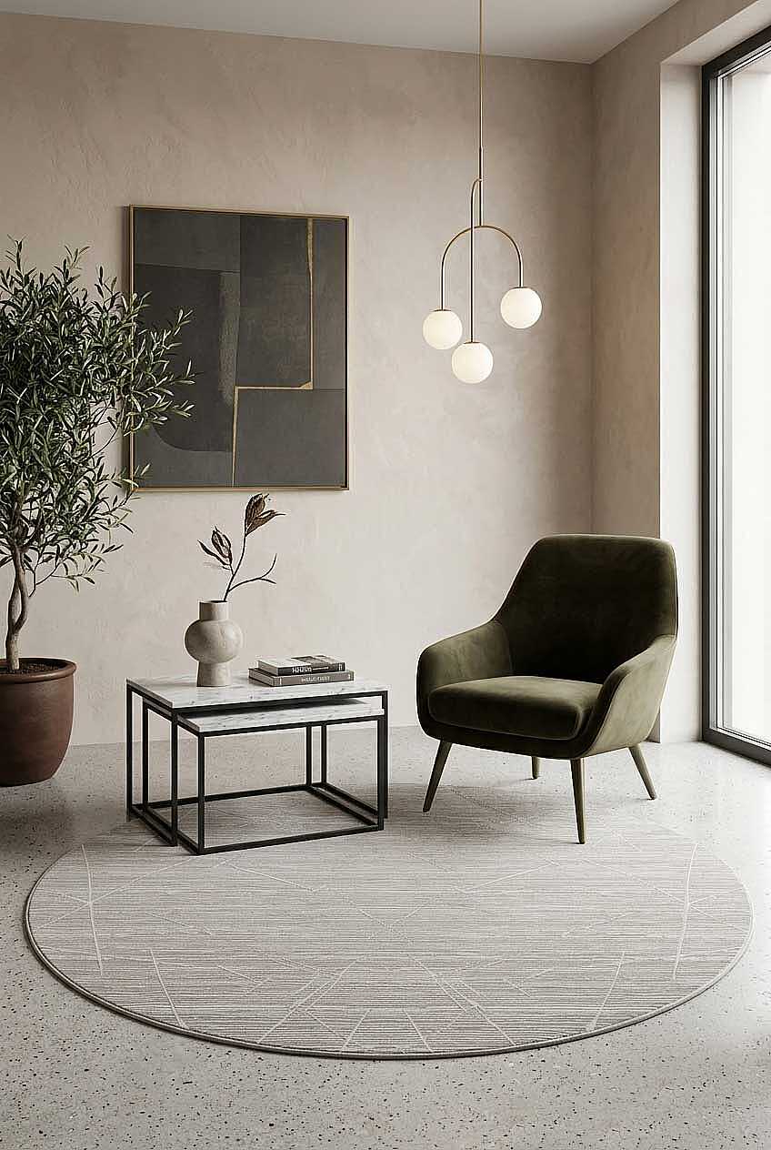 Parlak Saten Dokulu Poem Bambu Tuşe Modern Trend Yuvarlak Halı Pm09 Beyaz