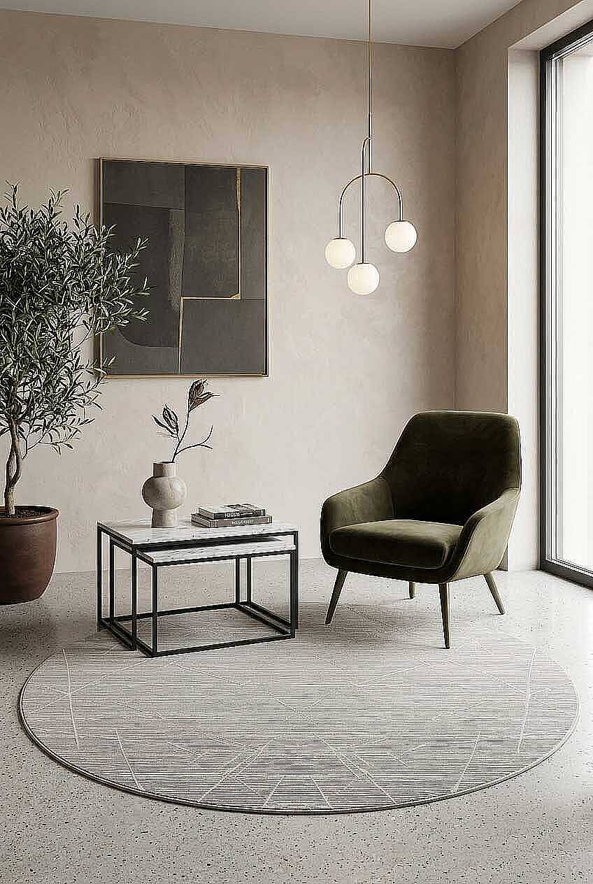 Parlak Saten Dokulu Poem Bambu Tuşe Modern Trend Yuvarlak Halı Pm09 Beyaz - 1