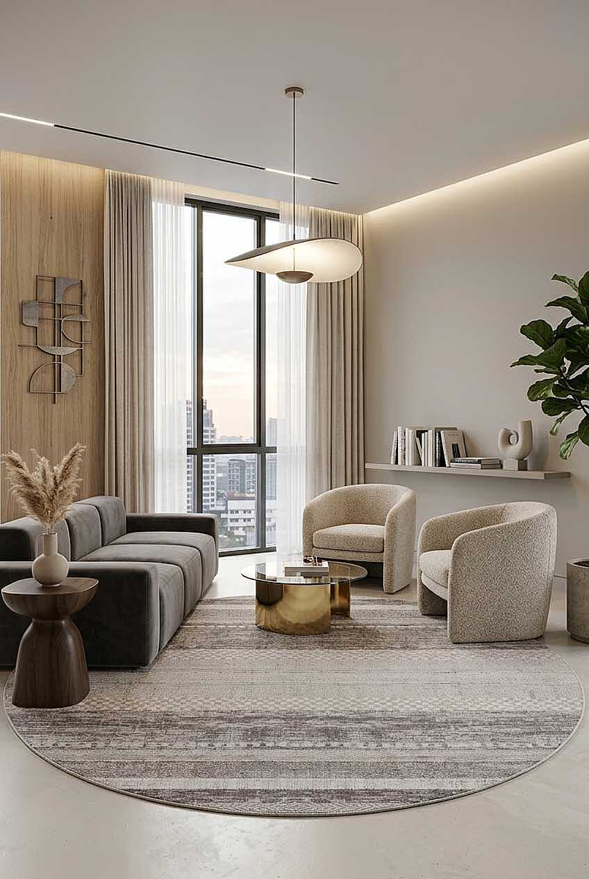 Parlak Saten Dokulu Poem Bambu Tuşe Modern Trend Yuvarlak Halı Pm12 Beyaz