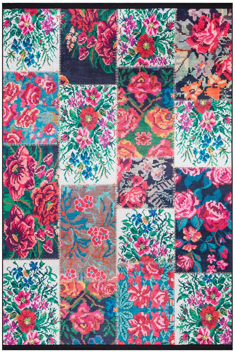 Patchwork Desen Dokuma Pamuk Taban Dijital Dekoratif Halı Beyaz 