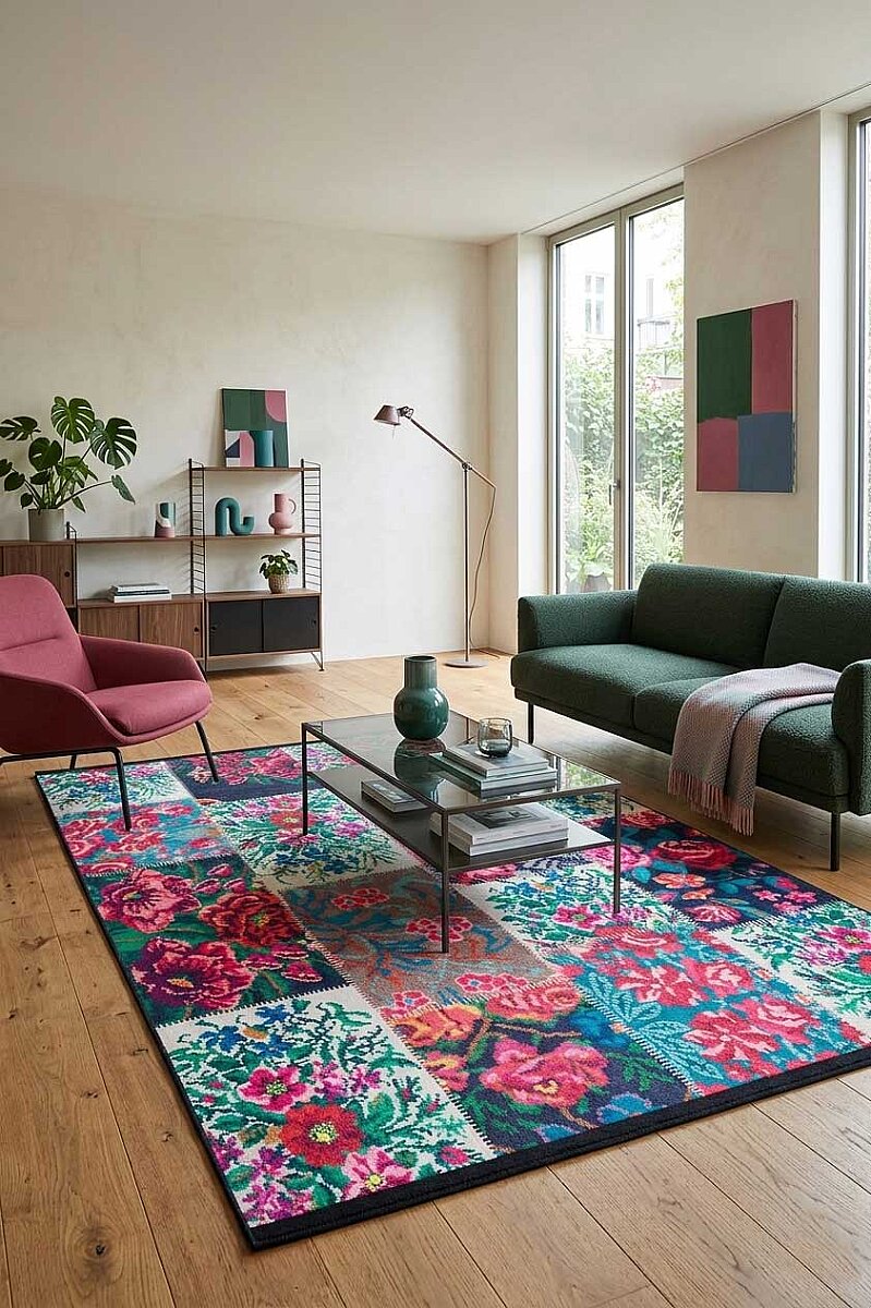 Patchwork Desen Dokuma Pamuk Taban Dijital Dekoratif Halı Beyaz - Frenda