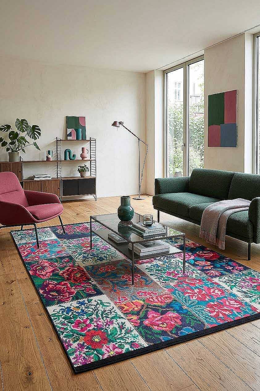 Patchwork Desen Dokuma Pamuk Taban Dijital Dekoratif Halı Beyaz - 1