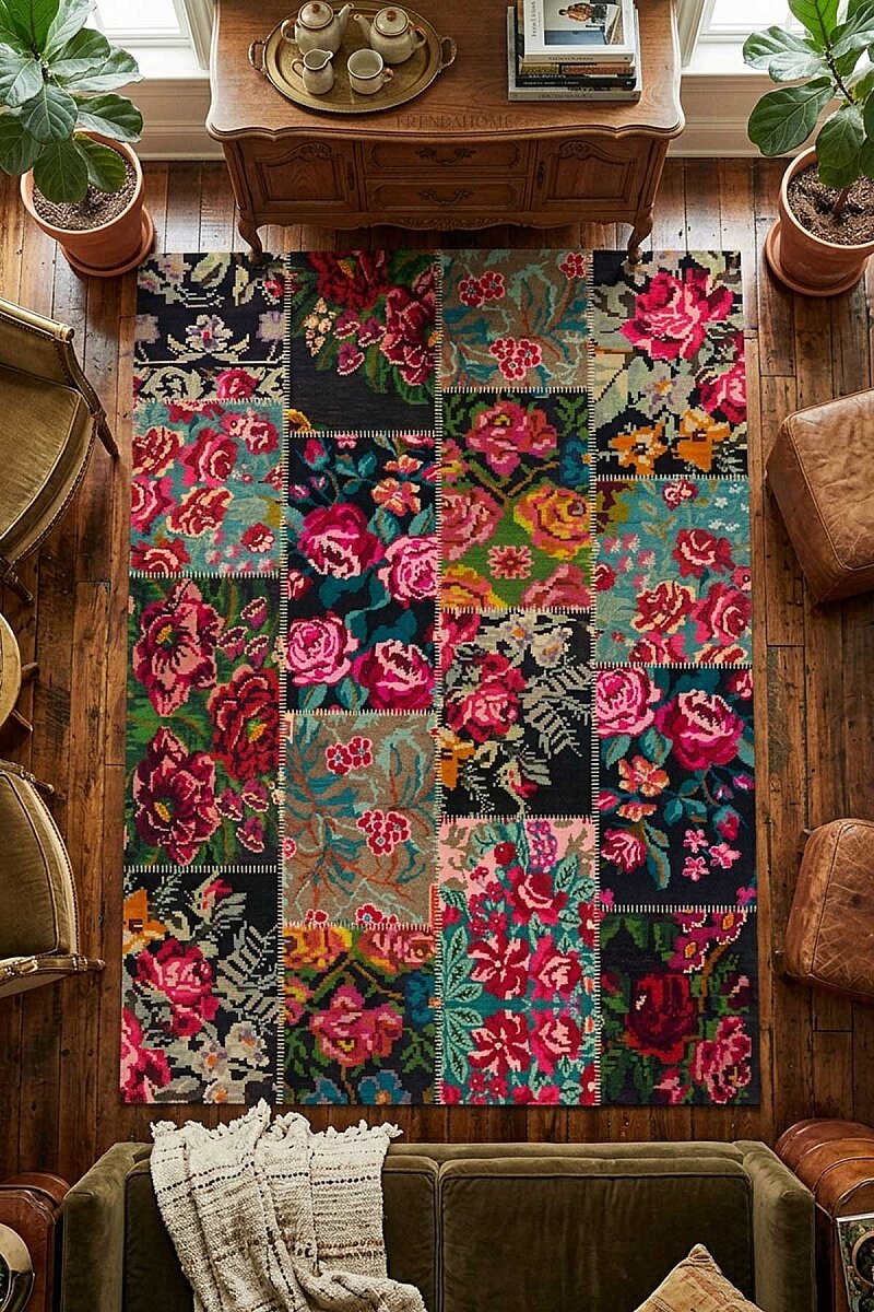 Patchwork Desen Dokuma Pamuk Taban Dijital Dekoratif Halı Kırmızı - Frenda