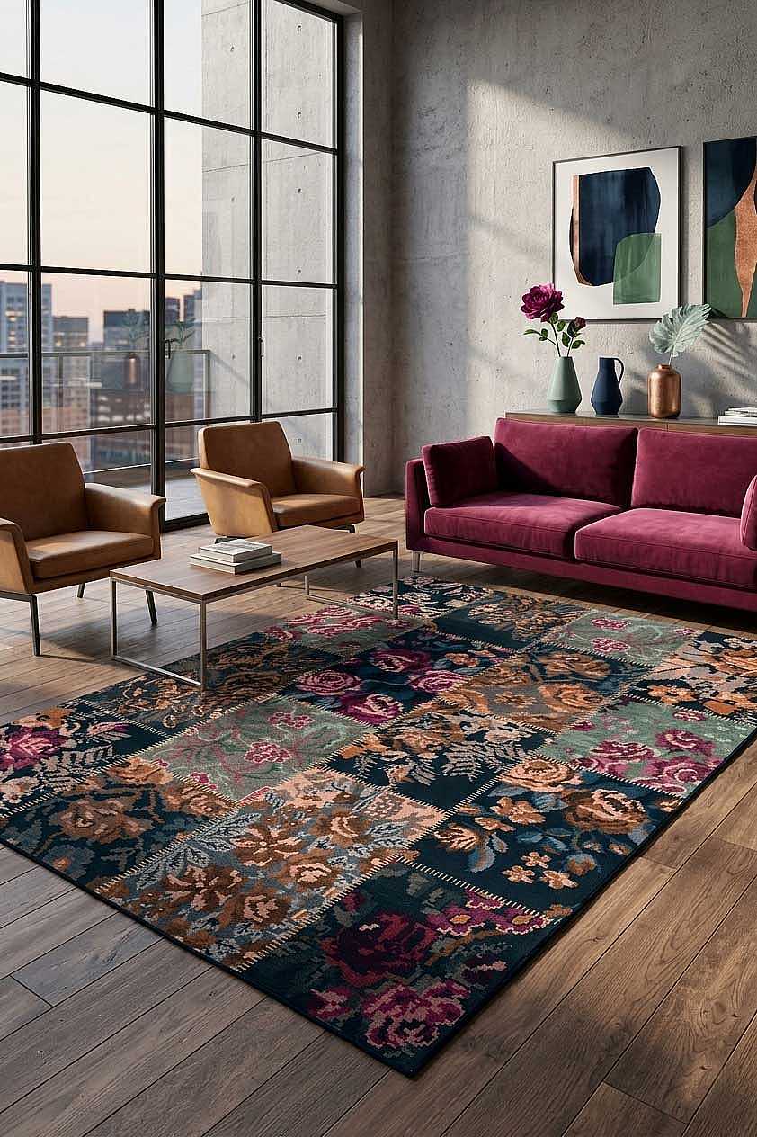 Patchwork Desen Dokuma Pamuk Taban Dijital Dekoratif Halı Vizon