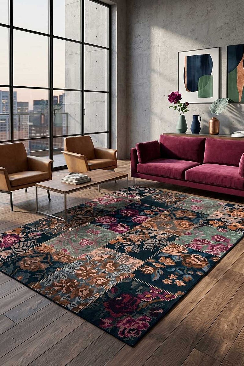 Patchwork Desen Dokuma Pamuk Taban Dijital Dekoratif Halı Vizon - Frenda