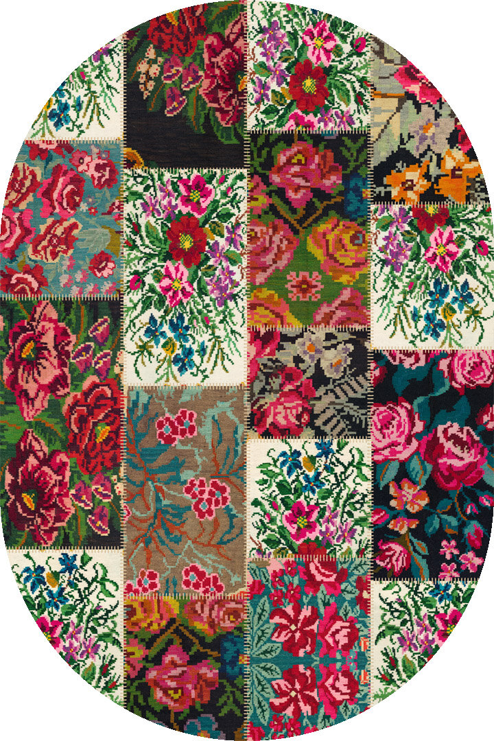 Patchwork Desen Dokuma Pamuk Taban Dijital Dekoratif Oval Halı Beyaz 