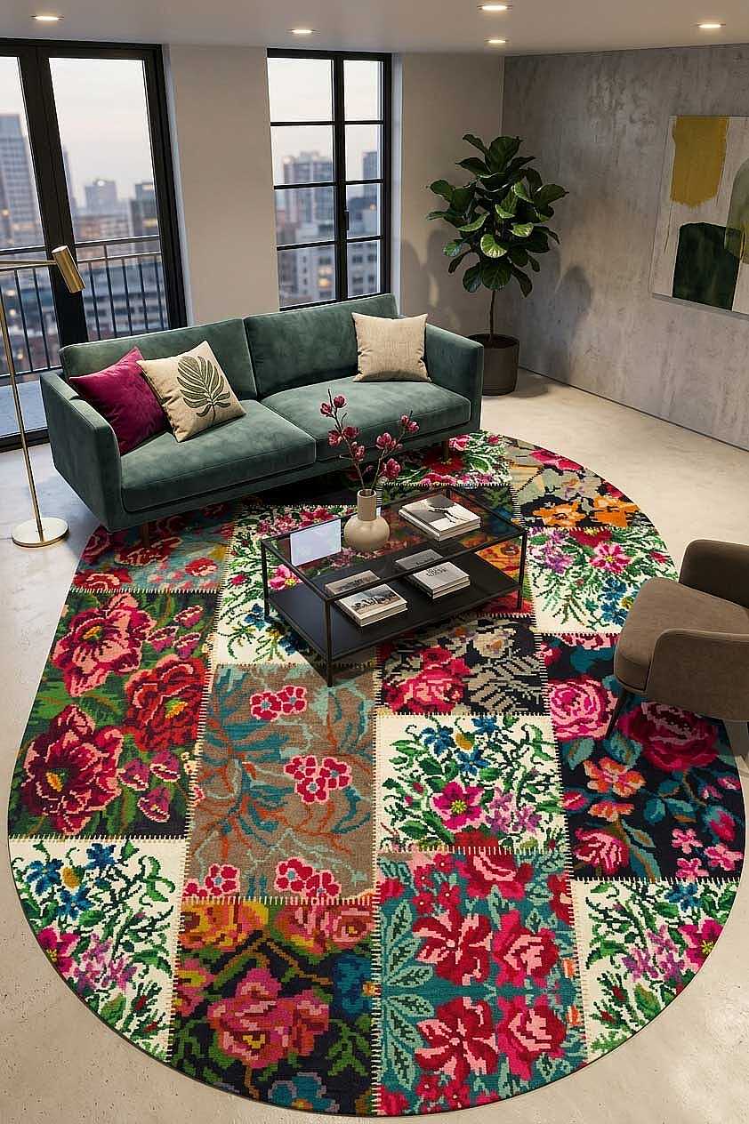 Patchwork Desen Dokuma Pamuk Taban Dijital Dekoratif Oval Halı Beyaz