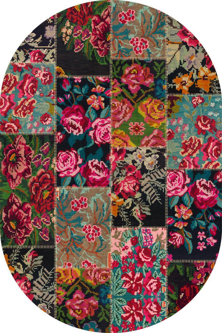 Patchwork Desen Dokuma Pamuk Taban Dijital Dekoratif Oval Halı Kırmızı 