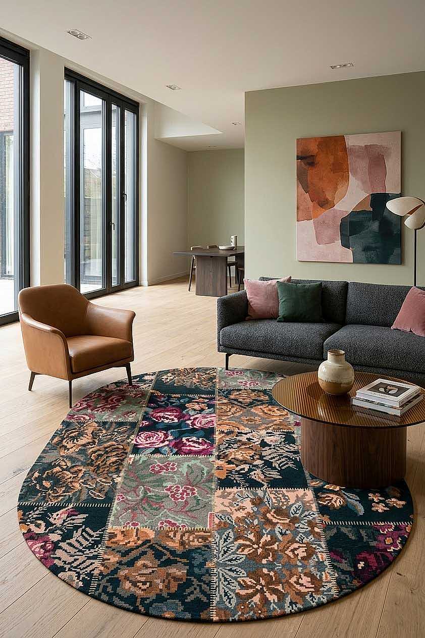 Patchwork Desen Dokuma Pamuk Taban Dijital Dekoratif Oval Halı Vizon