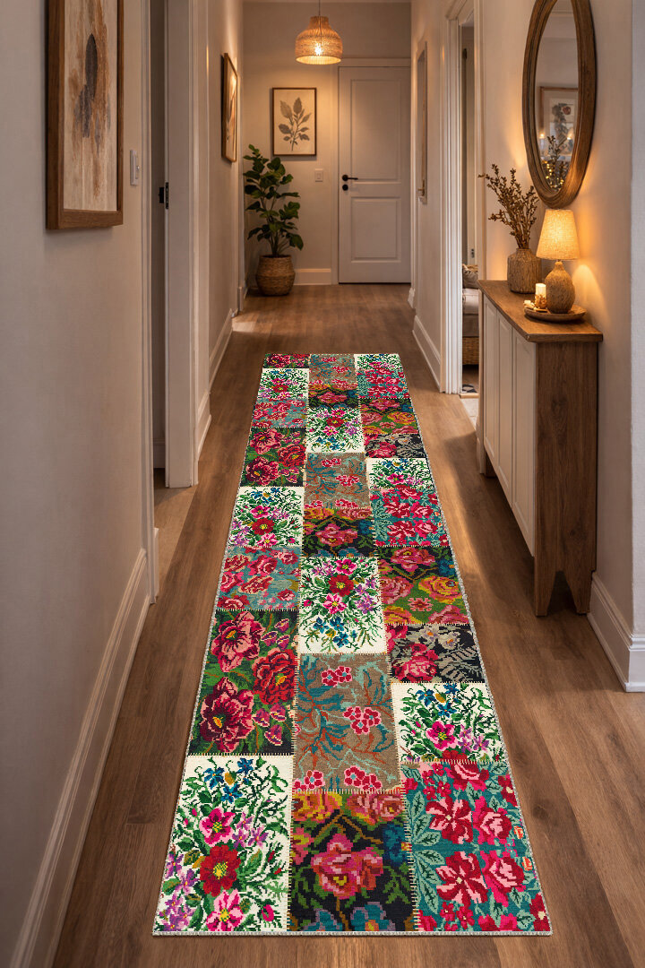 Patchwork Desen Dokuma Pamuk Taban Dijital Dekoratif Yolluk Kesme Halı Beyaz 