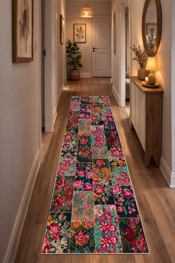 Patchwork Desen Dokuma Pamuk Taban Dijital Dekoratif Yolluk Kesme Halı Kırmızı 