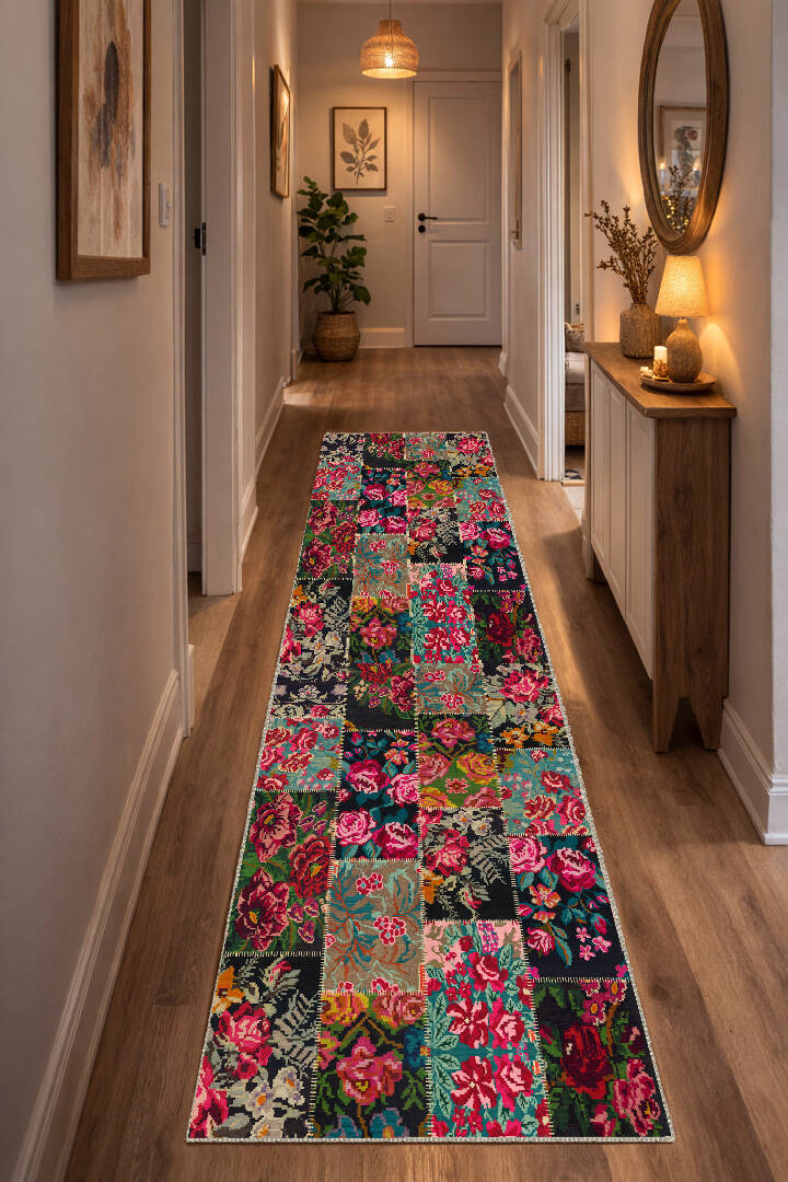 Patchwork Desen Dokuma Pamuk Taban Dijital Dekoratif Yolluk Kesme Halı Kırmızı - 1