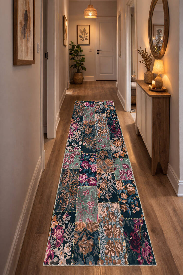 Patchwork Desen Dokuma Pamuk Taban Dijital Dekoratif Yolluk Kesme Halı Vizon - 1