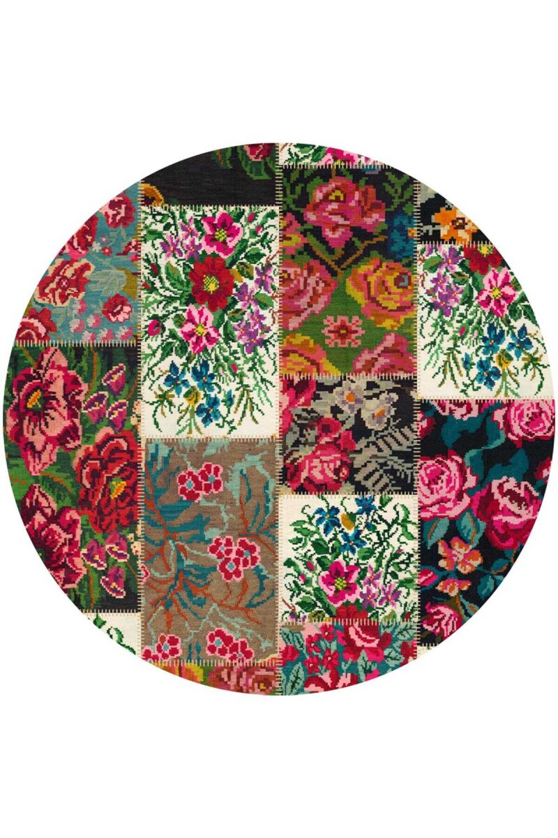 Patchwork Desen Dokuma Pamuk Taban Dijital Dekoratif Yuvarlak Halı Beyaz 