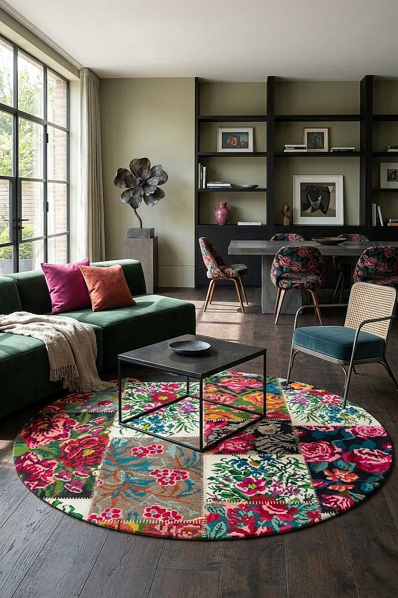 Patchwork Desen Dokuma Pamuk Taban Dijital Dekoratif Yuvarlak Halı Beyaz - Frenda