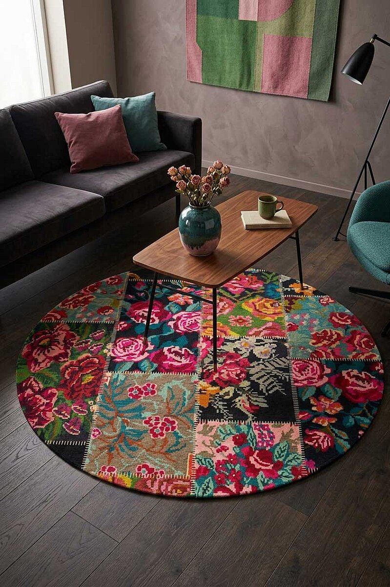 Patchwork Desen Dokuma Pamuk Taban Dijital Dekoratif Yuvarlak Halı Kırmızı - Frenda