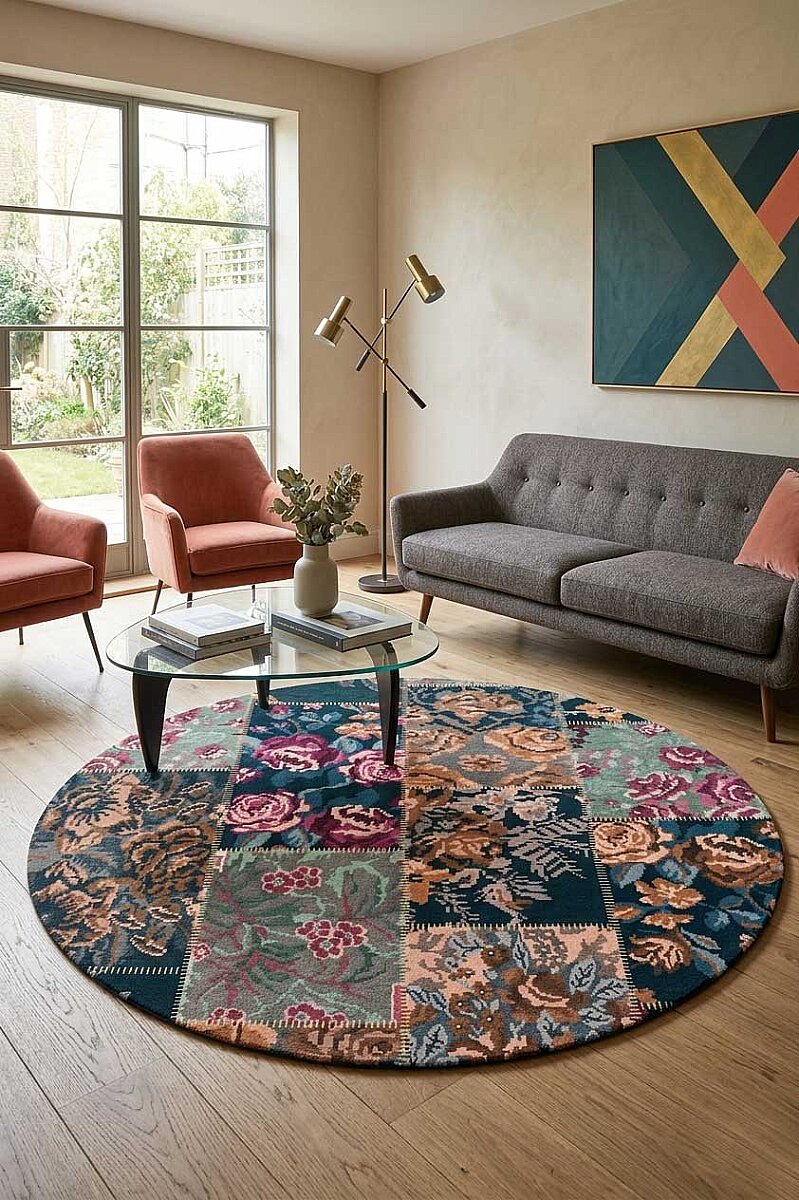 Patchwork Desen Dokuma Pamuk Taban Dijital Dekoratif Yuvarlak Halı Vizon - Frenda