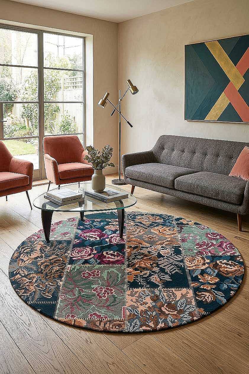 Patchwork Desen Dokuma Pamuk Taban Dijital Dekoratif Yuvarlak Halı Vizon - 1