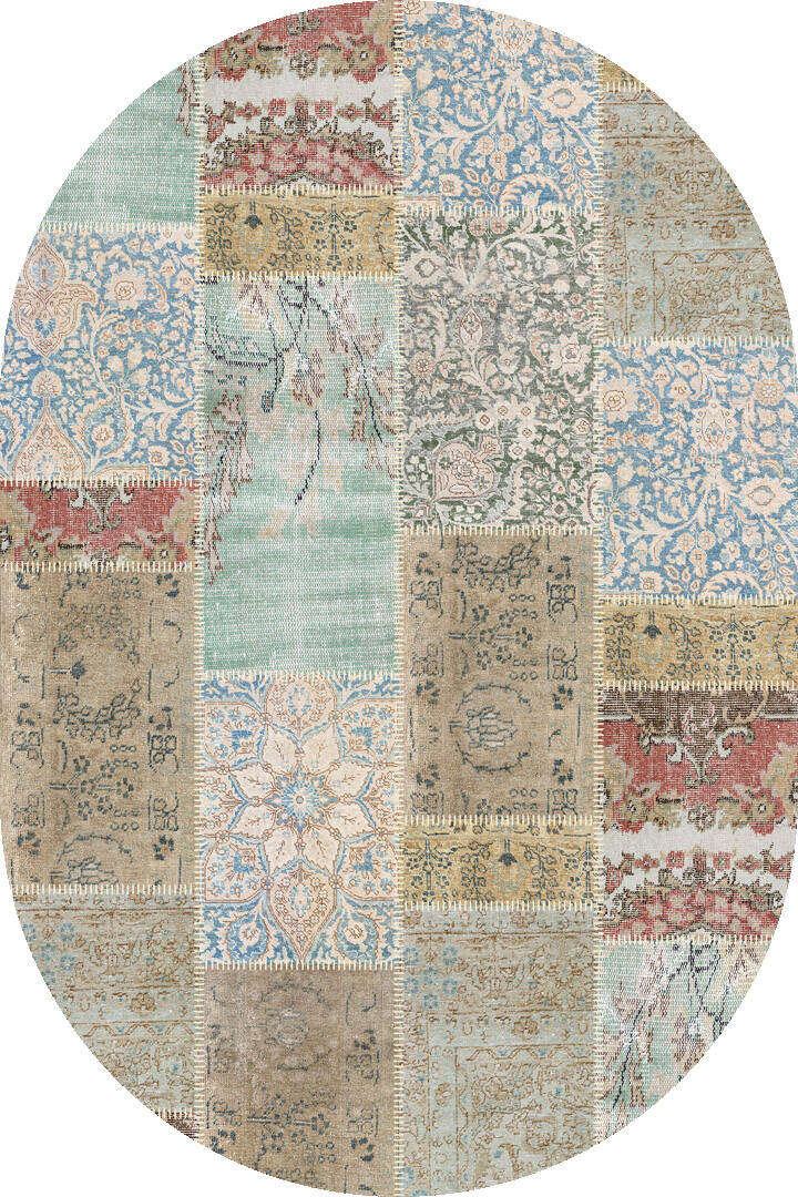 Patchwork Desenli Dokuma Pamuk Taban Dekoratif Dijital Oval Halı - 1