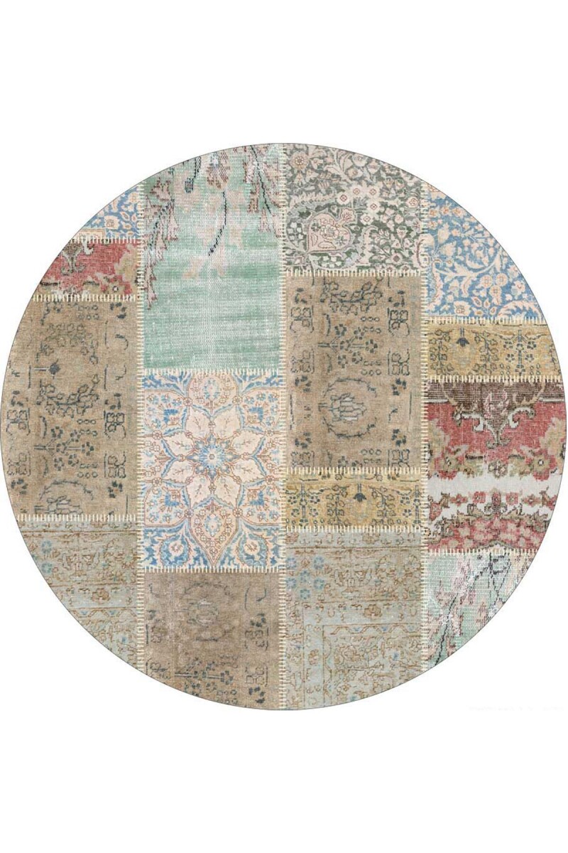 Patchwork Desenli Dokuma Pamuk Taban Dekoratif Yuvarlak Halı - Frenda