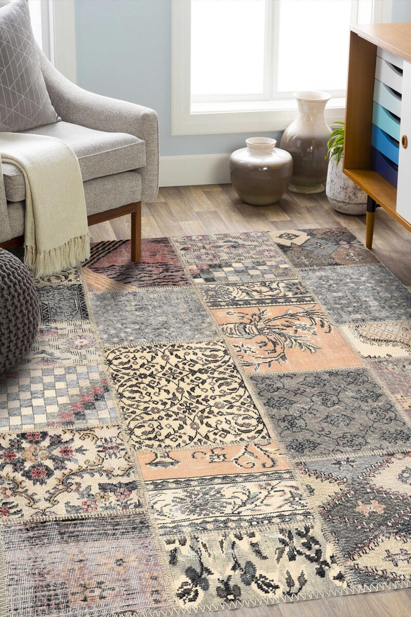 Patchwork Desenli Pamuk Taban Dijital Baskılı Yıkanabilir Halı Bej 