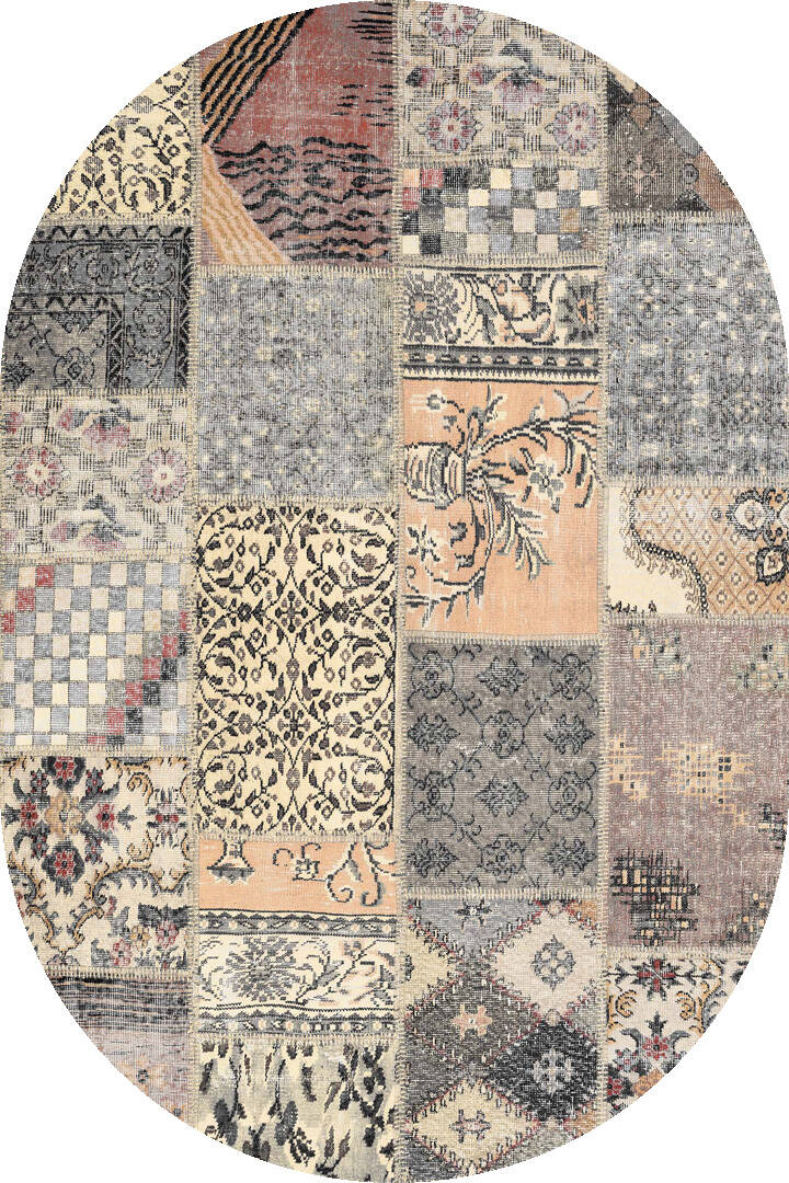 Patchwork Desenli Pamuk Taban Dijital Baskılı Yıkanabilir Oval Halı Bej - 1
