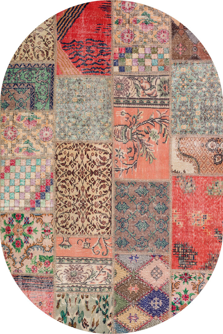 Patchwork Desenli Pamuk Taban Dijital Baskılı Yıkanabilir Oval Halı Kiremit 