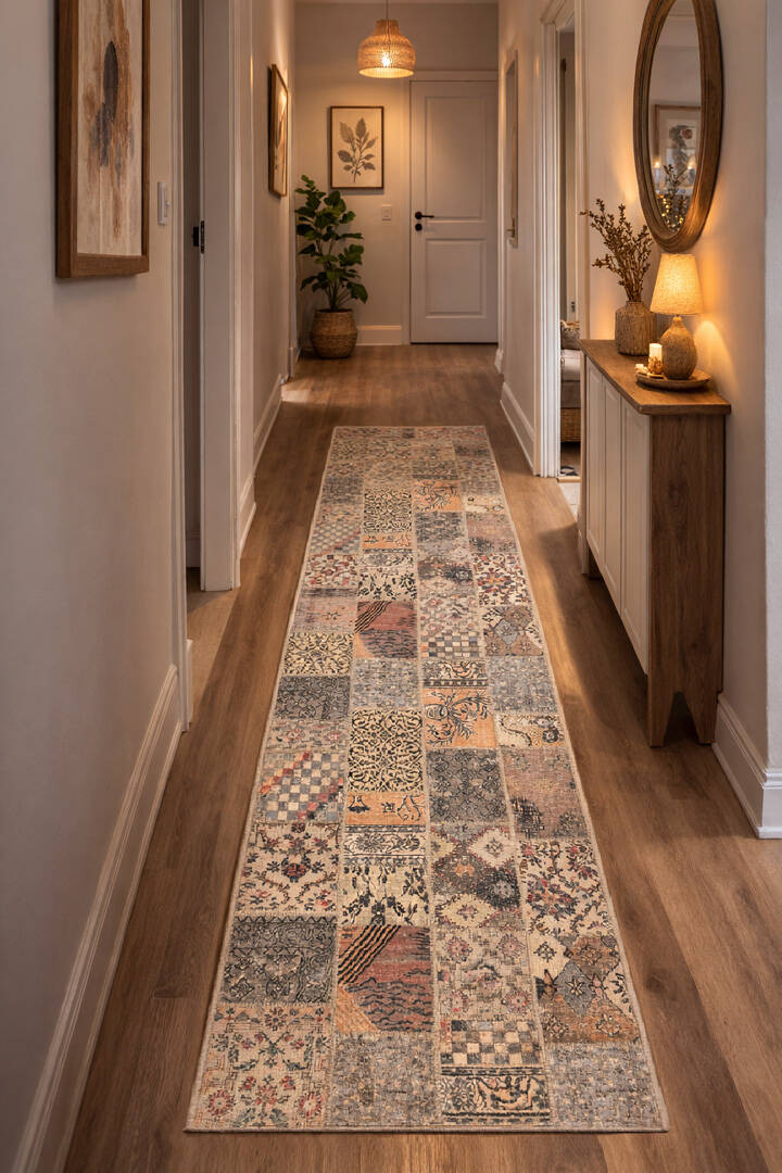 Patchwork Desenli Pamuk Taban Dijital Baskılı Yıkanabilir Yolluk Halı Bej - 1