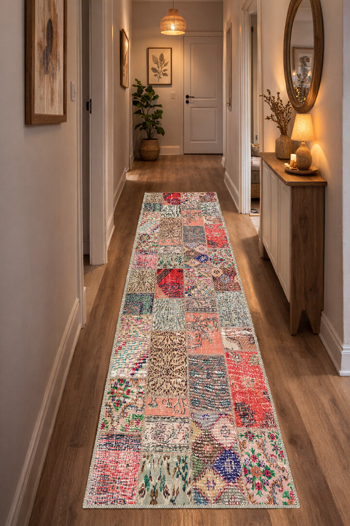 Patchwork Desenli Pamuk Taban Dijital Baskılı Yıkanabilir Yolluk Halı Kiremit 