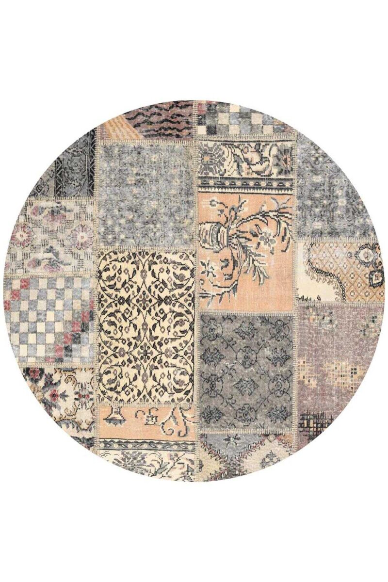 Patchwork Desenli Pamuk Taban Dijital Baskılı Yıkanabilir Yuvarlak Halı Bej 