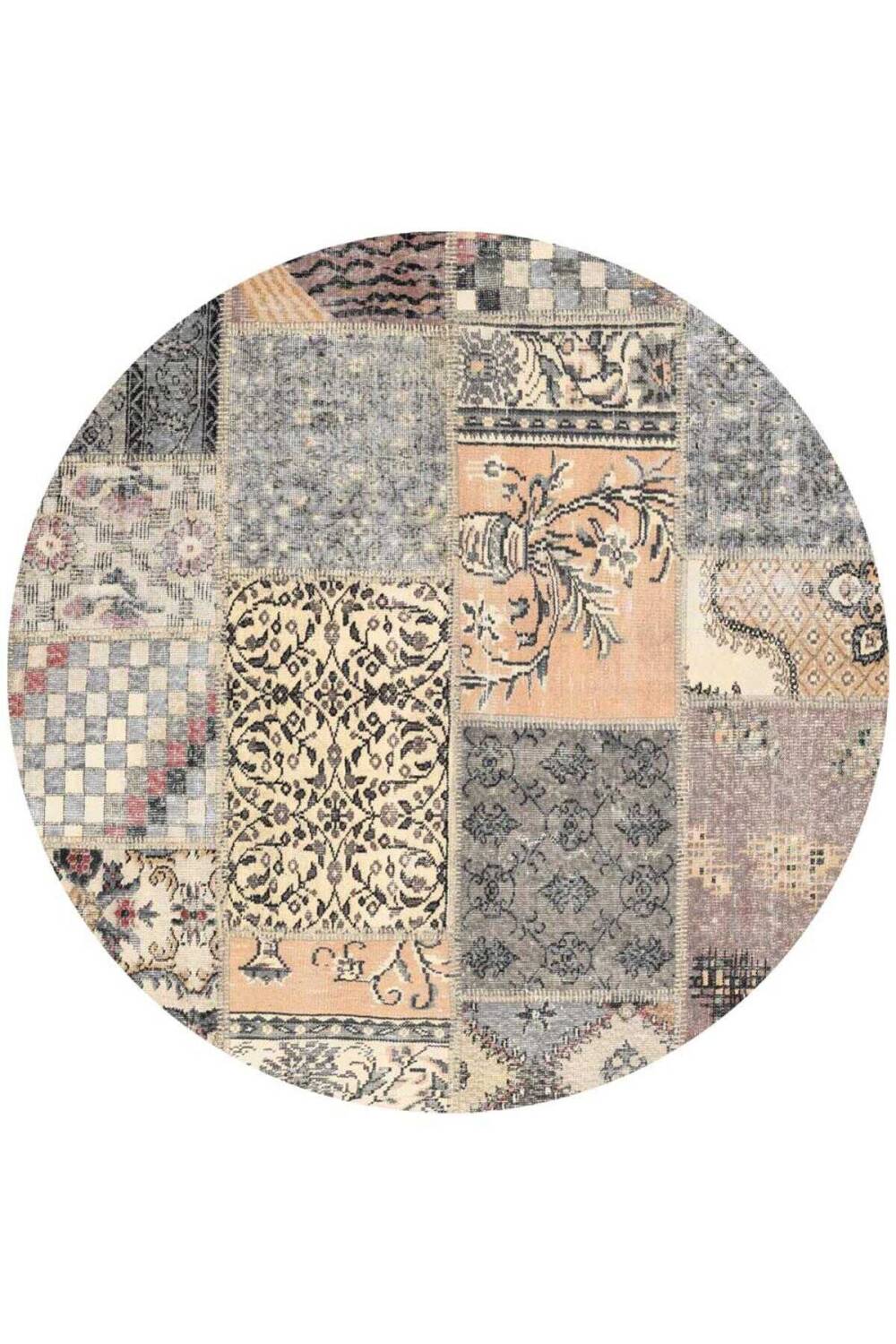 Patchwork Desenli Pamuk Taban Dijital Baskılı Yıkanabilir Yuvarlak Halı Bej - 1