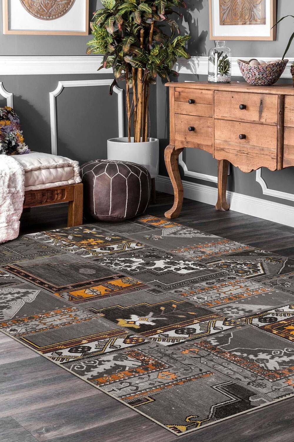 Patchwork Desenli Yıkanabilir Pamuk Taban Dijital Baskılı Halı Antrasit - 1