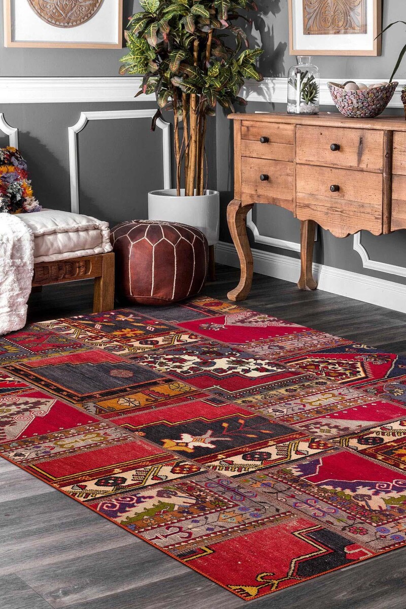 Patchwork Desenli Yıkanabilir Pamuk Taban Dijital Baskılı Halı - Frenda