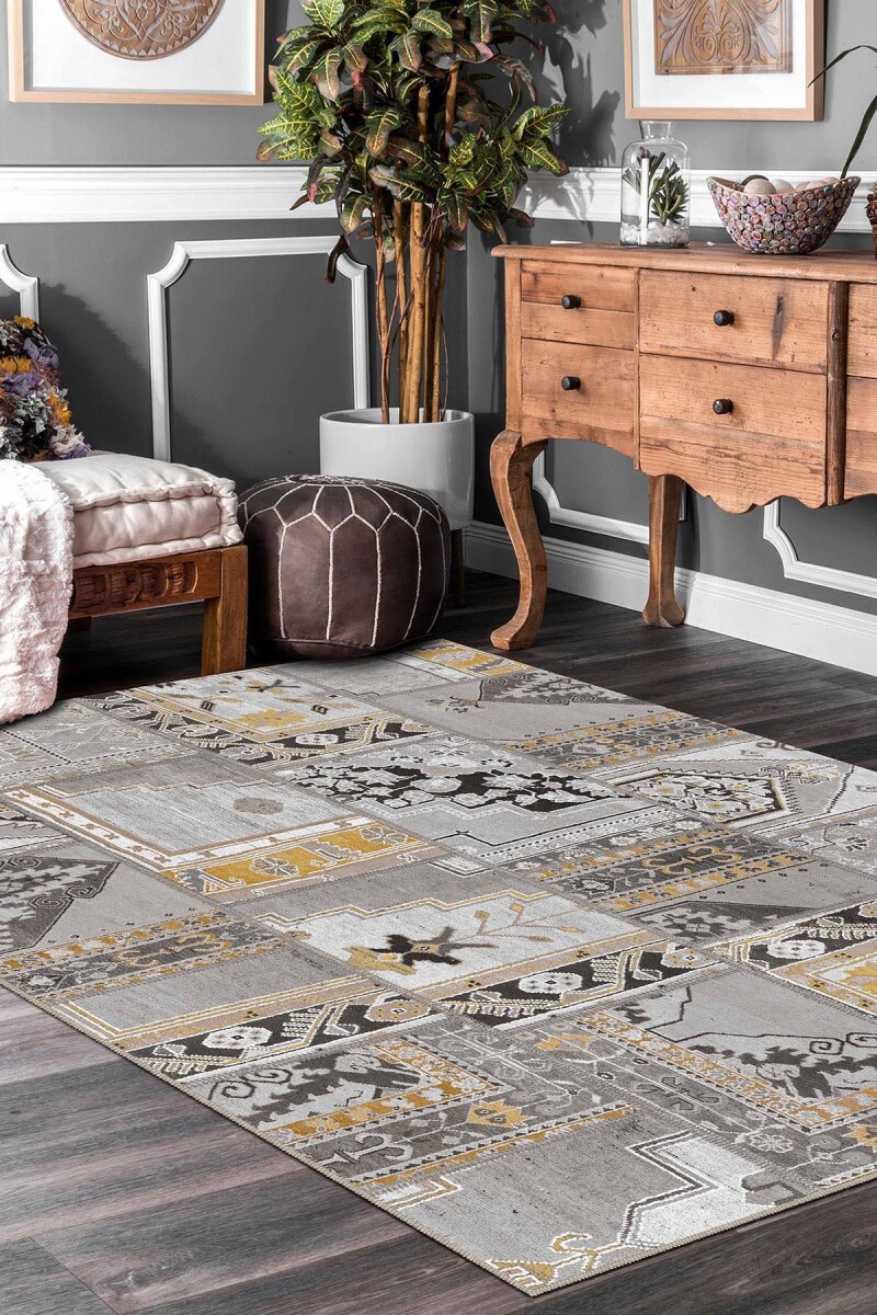 Patchwork Desenli Yıkanabilir Pamuk Taban Dijital Baskılı Halı Gri - Frenda