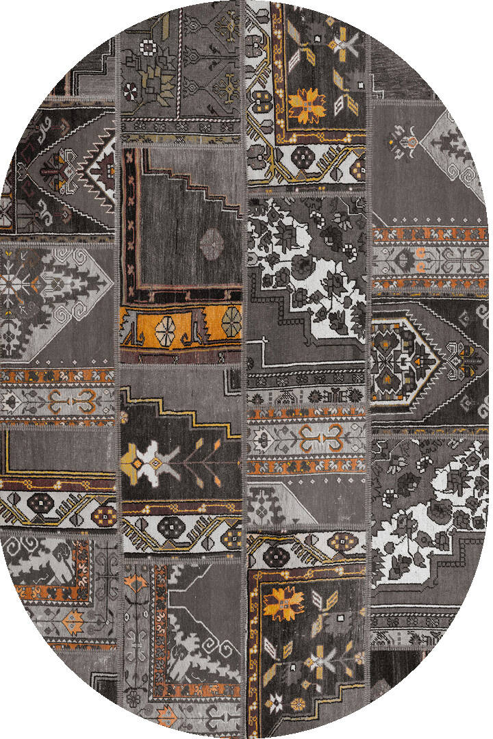 Patchwork Desenli Yıkanabilir Pamuk Taban Dijital Baskılı Oval Halı Antrasit - 1
