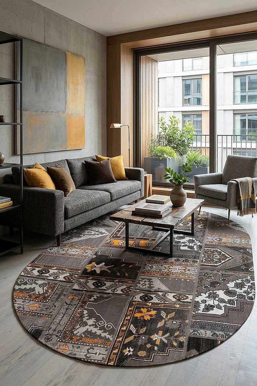 Patchwork Desenli Yıkanabilir Pamuk Taban Dijital Baskılı Oval Halı Antrasit - 1