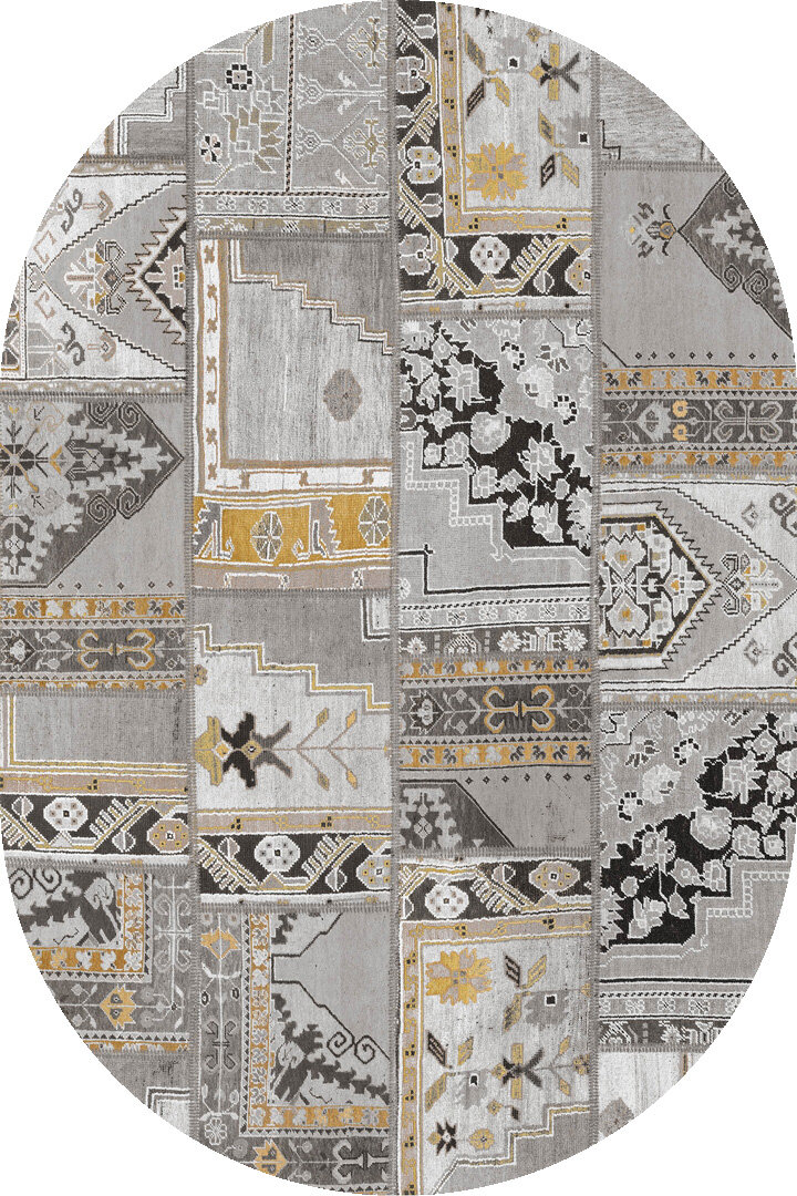 Patchwork Desenli Yıkanabilir Pamuk Taban Dijital Baskılı Oval Halı Gri - Frenda