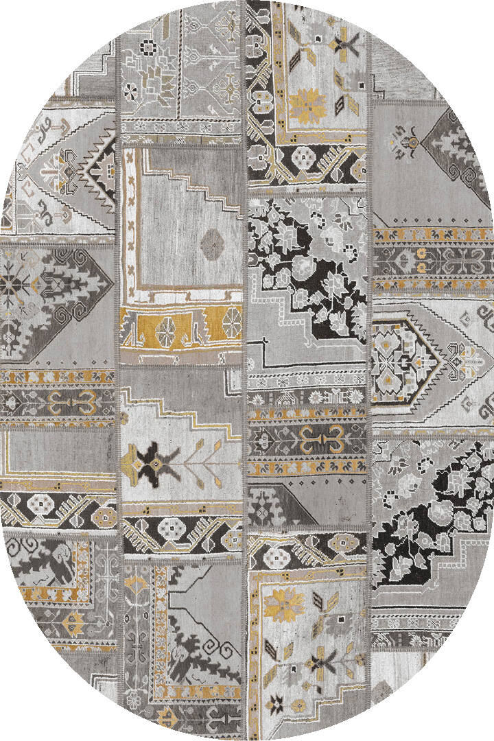 Patchwork Desenli Yıkanabilir Pamuk Taban Dijital Baskılı Oval Halı Gri - 1
