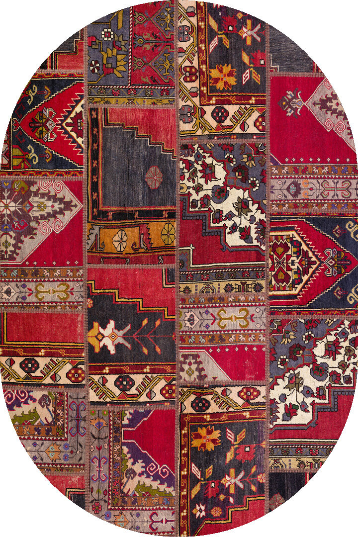 Patchwork Desenli Yıkanabilir Pamuk Taban Dijital Baskılı Oval Halı Kırmızı - Frenda