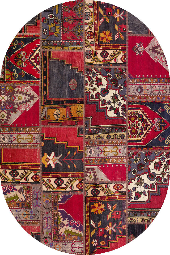 Patchwork Desenli Yıkanabilir Pamuk Taban Dijital Baskılı Oval Halı Kırmızı - 1