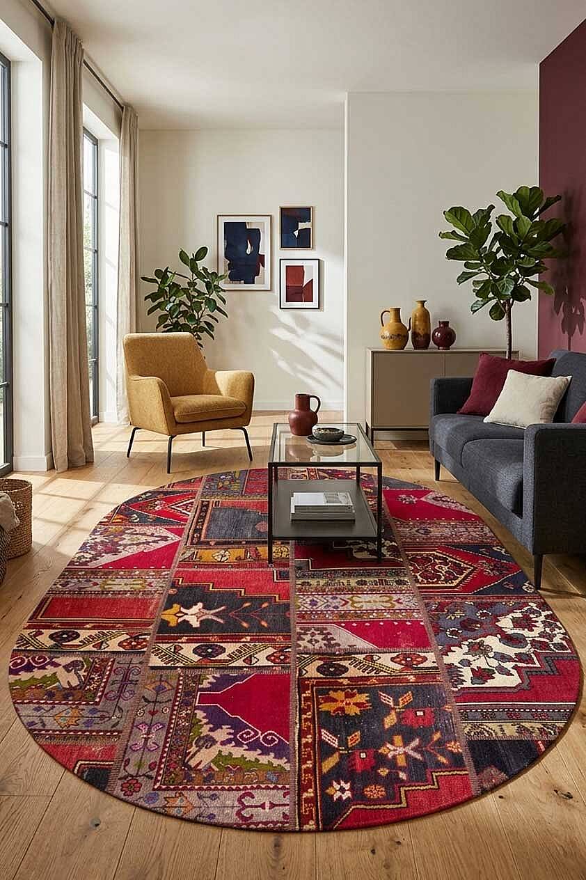 Patchwork Desenli Yıkanabilir Pamuk Taban Dijital Baskılı Oval Halı Kırmızı - 1