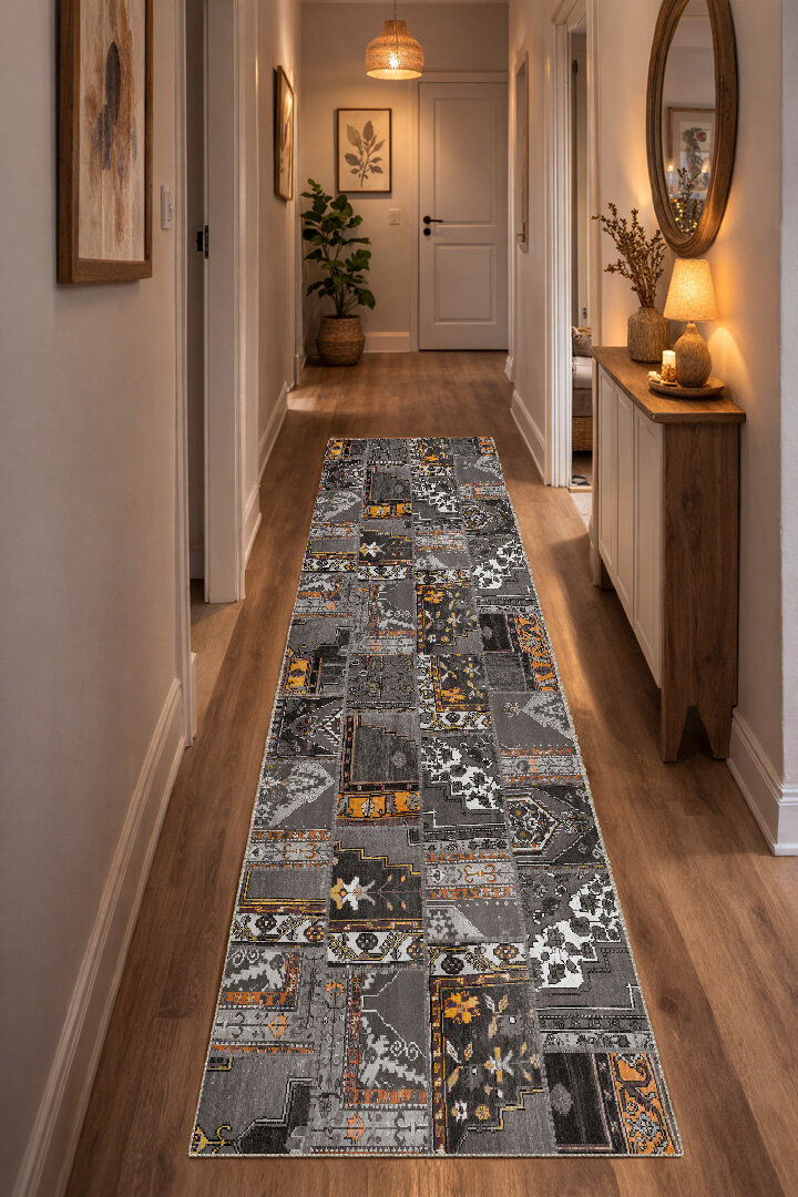 Patchwork Desenli Yıkanabilir Pamuk Taban Dijital Baskılı Yolluk Halı Antrasit - Frenda