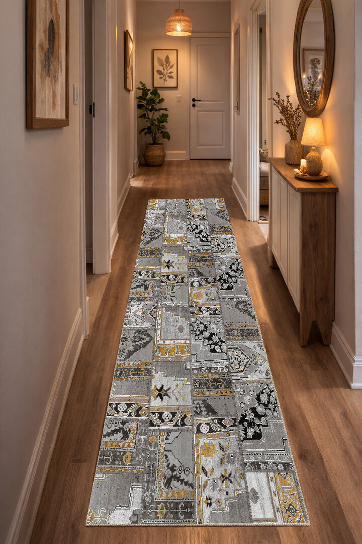 Patchwork Desenli Yıkanabilir Pamuk Taban Dijital Baskılı Yolluk Halı Gri - Frenda