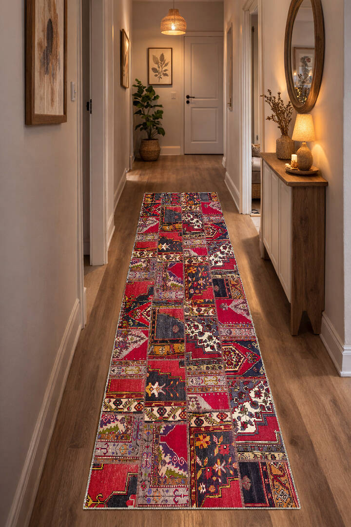 Patchwork Desenli Yıkanabilir Pamuk Taban Dijital Baskılı Yolluk Halı Kırmızı - 1