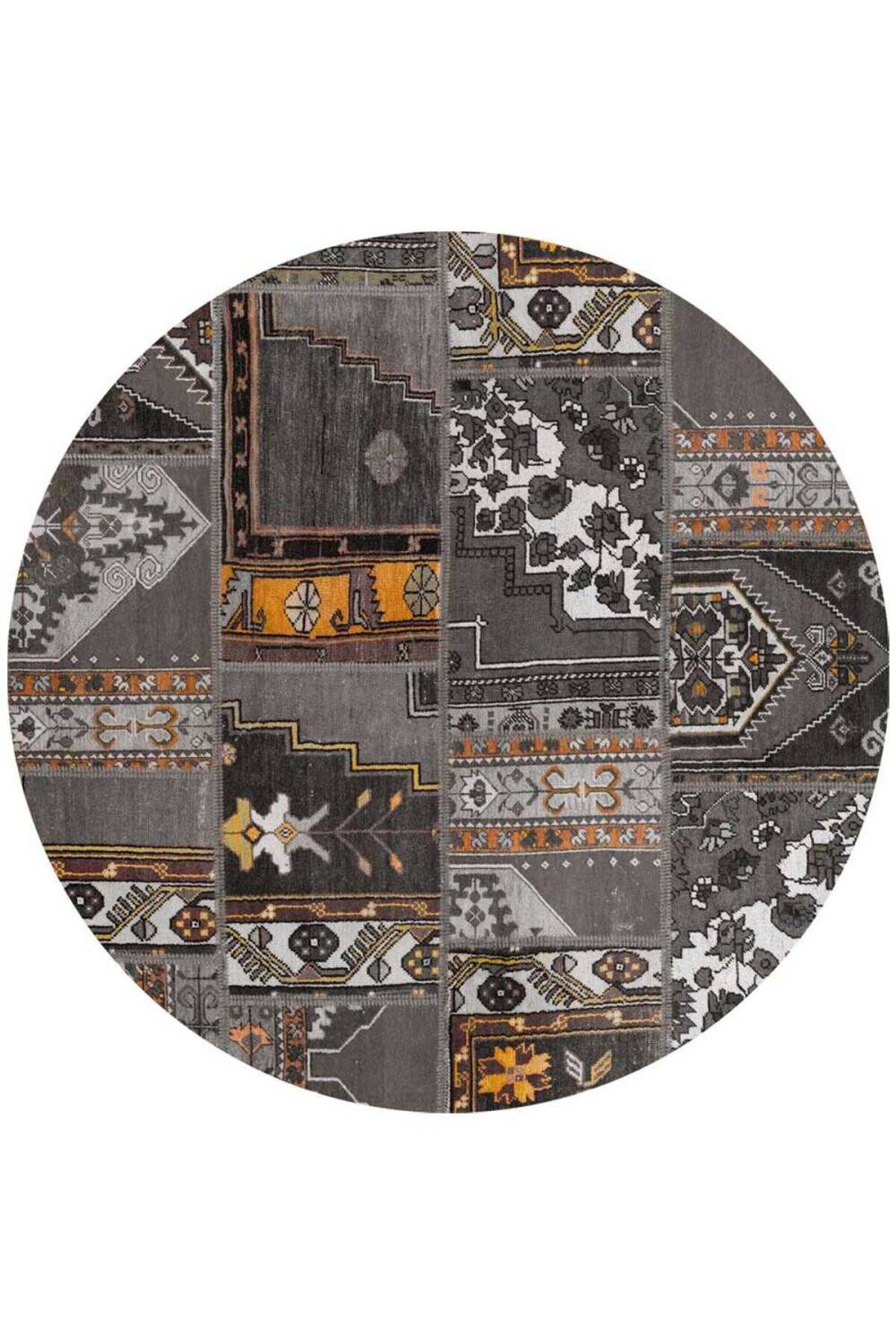 Patchwork Desenli Yıkanabilir Pamuk Taban Dijital Baskılı Yuvarlak Halı Antrasit - 1