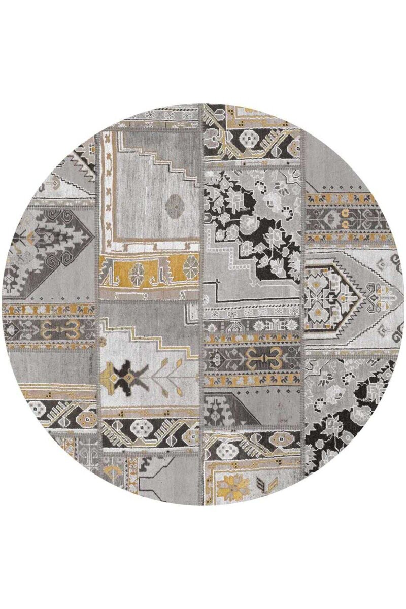 Patchwork Desenli Yıkanabilir Pamuk Taban Dijital Baskılı Yuvarlak Halı Gri - Frenda