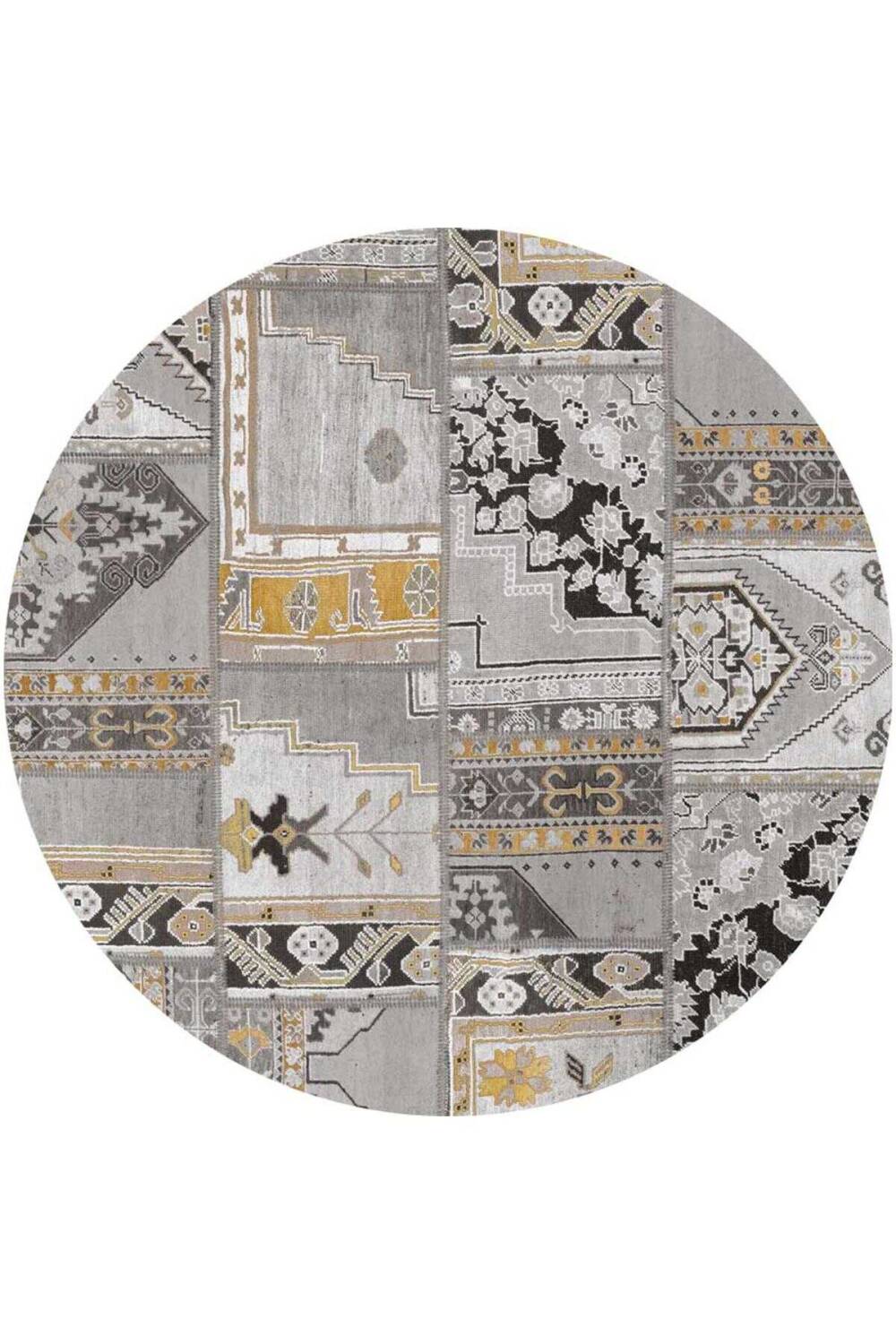 Patchwork Desenli Yıkanabilir Pamuk Taban Dijital Baskılı Yuvarlak Halı Gri - 1